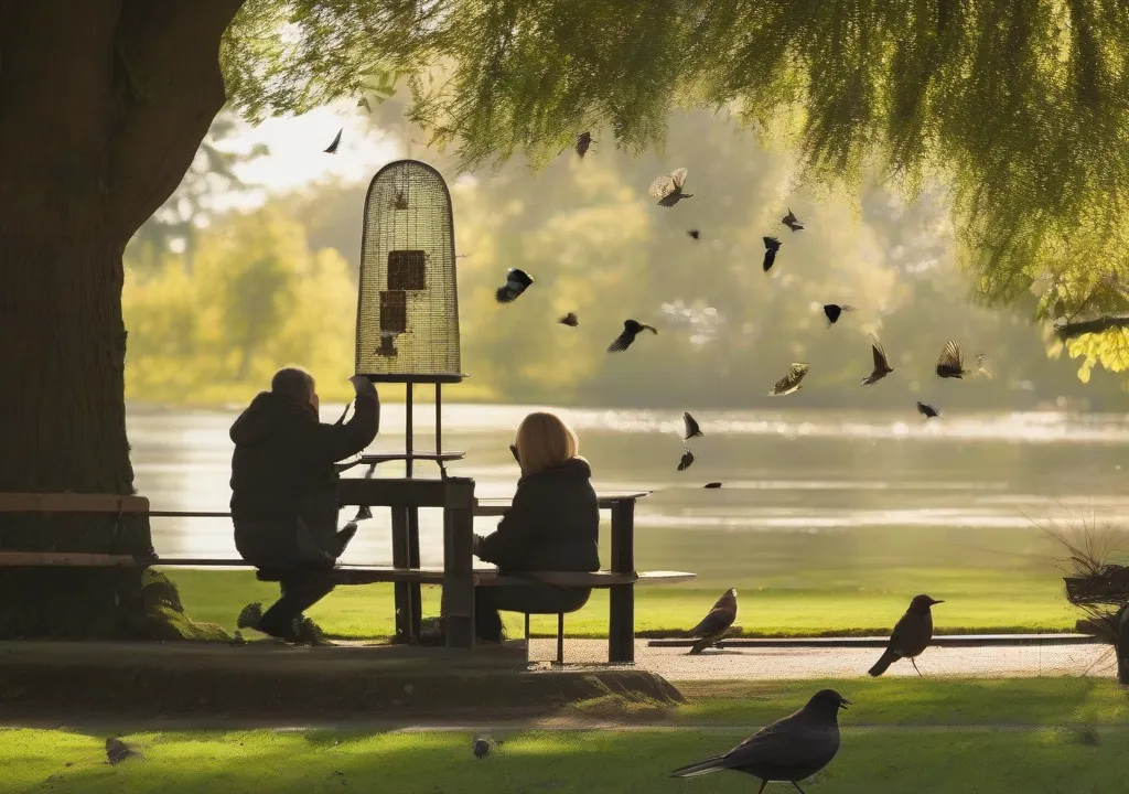 A man and woman sitting at a table with birds flying around them.